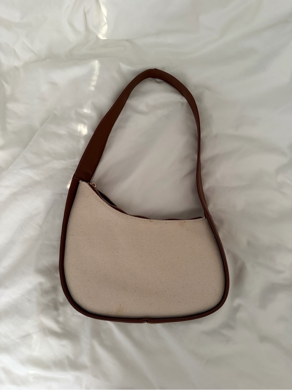 Canvas Crescent Shoulder Bag in Cream and Brown